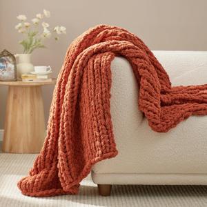 Amlie Home Chunky Knit Throw Blanket for Couch, Soft Chenille Handmade Crochet Throw Rope Knot Blanket for Couch, 50"x60", Burnt Orange