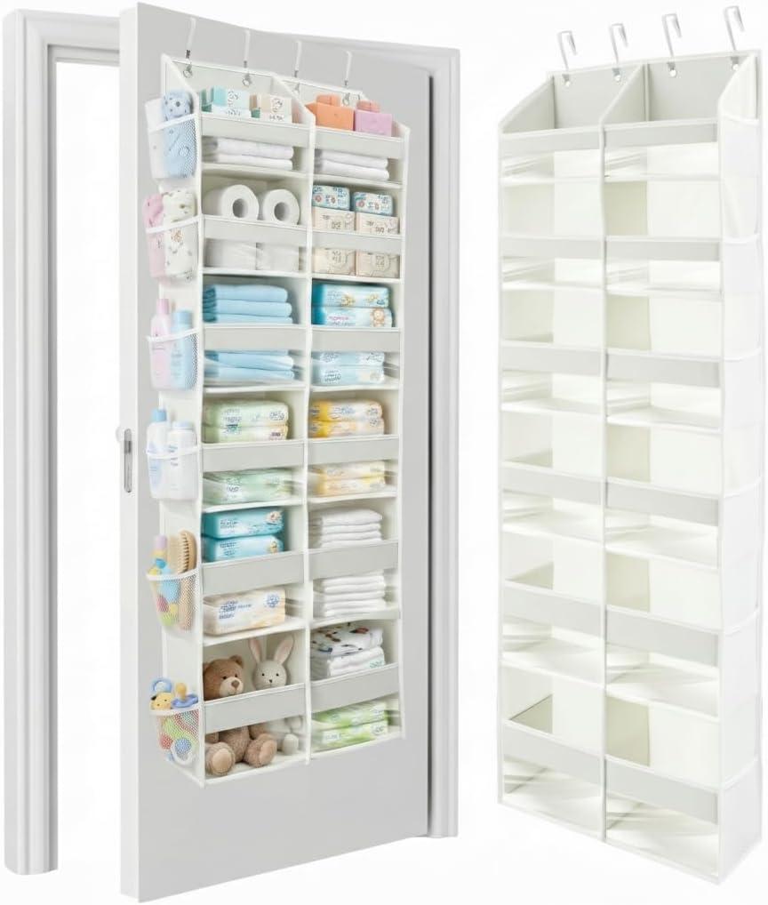 HOMELUX THEORY UPGRADED 6 Tiers Over The Door Organizer Hanging - 100D EXTRA THICK & 50lbs HUGE CAPACITY, 12 Side Mesh Pockets Over The Door Shoe Organizer, Hanging Closet Organizer (Ivory, XL)