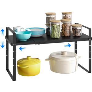 Expandable Cabinet Shelf Organizer, Stackable Kitchen Pantry Counter Storage, Adjustable Closet Cupboard Stand Rack Risers Spice Organization 80LBS Heavy Duty Black Large 1 Pack