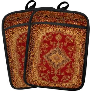 Boho Vintage Oriental Floral Pot Holders 2 Pack Set, Red and Gold Antique Rustic Flower Heat Resistant Oven Hot Pads for Kitchen Countertop Baking066 Potholder