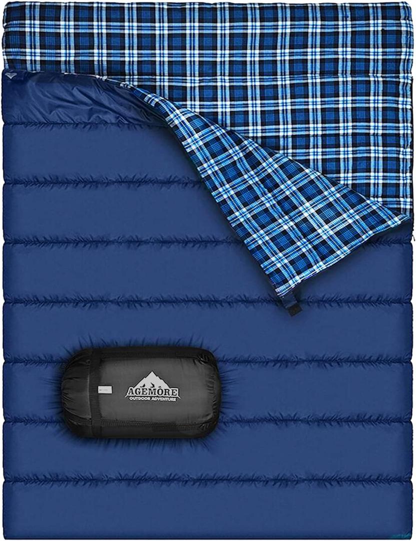 AGEMORE Cotton Flannel Double Sleeping Bag for Camping, Backpacking Or Hiking. Queen Size 2 Person Waterproof Sleeping Bag for Adults Or Teens. Lightweight with Compression Sack (Blue/ Blue)