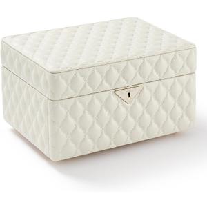 VEE&CO. Jewelry Box,Diamond Quilted Leather jewelry organizer earring holder organizer necklace organizer 2-Layer Jewelry Case with Drawers, with Key Lock,gifts for women (beige, Medium) (Medium-11.81*8.58*6.97in)