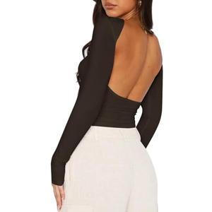 ForeFair Women Sexy Backless Short Sleeve Slim Fit Crewneck Summer Casual Y2K Crop Tee L