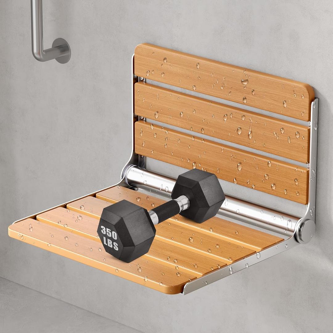 16" Folding Shower Seat Wall Mounted, Foldable Shower Bench with Teak & Stainless Steel, Anti-Slip Waterproof Foldable Shower Chair for Adults, Kids