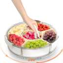 Divided Serving Tray with Lid and Handle, Round Rotating Snackle Box Container, 6-Compartment, for Fruits Candy Organizer, Portable Spinning Rounded Veggie Tray for Kitchen, Party, Trave and Picnic