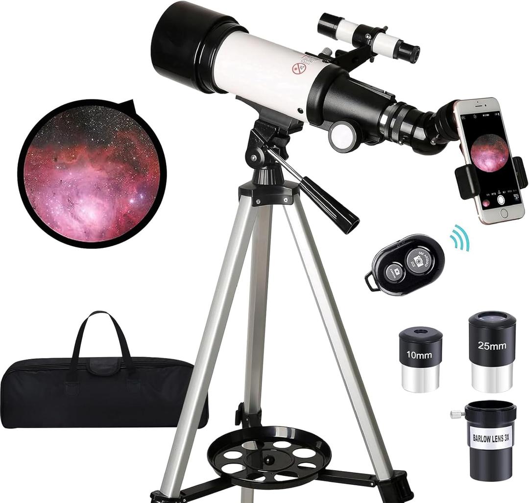 Telescope for Kids Adults Beginners,70mm Aperture 400mm Focal Length Telescopio for Astronomy, Multi Coated Travel Refractor Astronomical Telescopes with Wireless Remote (M-70400, White)