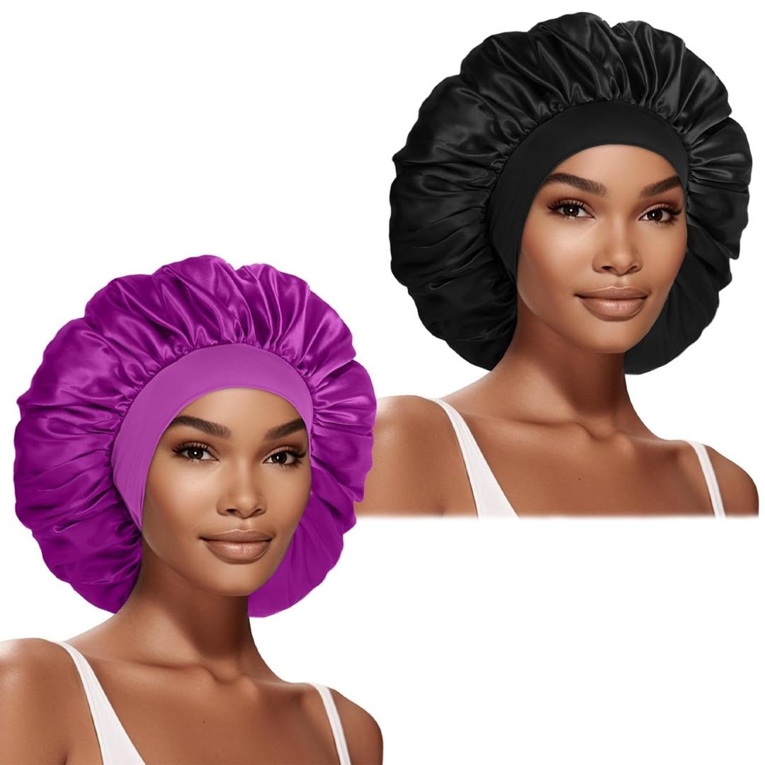 2 Pcs Extra Large Satin Hair Bonnet for Sleeping Cap 17 inches Jumbo Silk Sleep Bonnet for Women (Black & Purple)