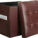 Ottoman with Storage, Folding Foot Rest Stool with Thicker Foam Padded Seat. Slim Tall Storage Ottoman Furniture with Handles & Side Pocket for Living Room Bedroom 350 lbs, 17x13x17in, Light Brown