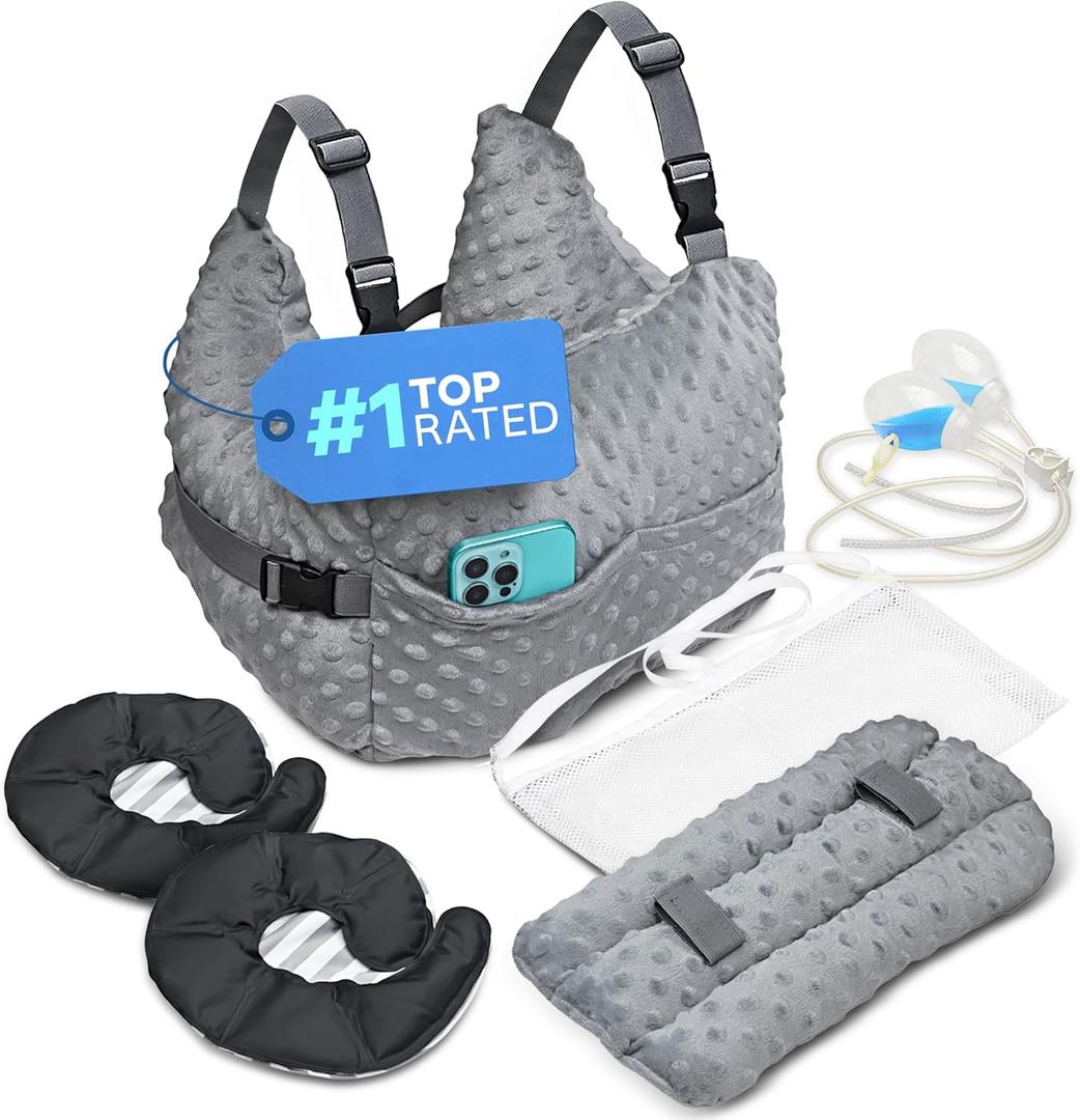 Zomaple Mastectomy Recovery Pillow + Strap, Seat Belt Cover & Shower Lanyard  Post-Op Essentials, Breast Augmentation/Reduction & Mastectomy Recovery Supplies  Washable Cover for Comfort & Support (Grey Breast Care Set)