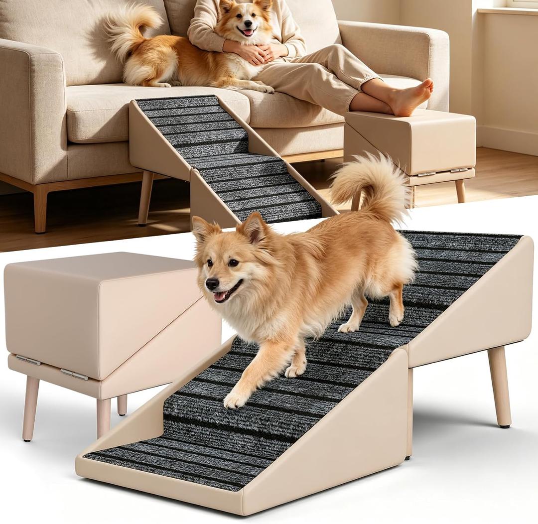 Dog Stairs for Small Dogs, 17 Inch High for Bed and Couch, Non-Slip Wooden Dog Stair Ottoman Folding, Outer Leather Wrapping for Small Medium Dogs and Senior Injured