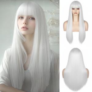 Long Straight White Wig for Women,White Wig with Bangs Heat Resistant Synthetic Womens Hair Wigs for Cosplay Party Halloween
