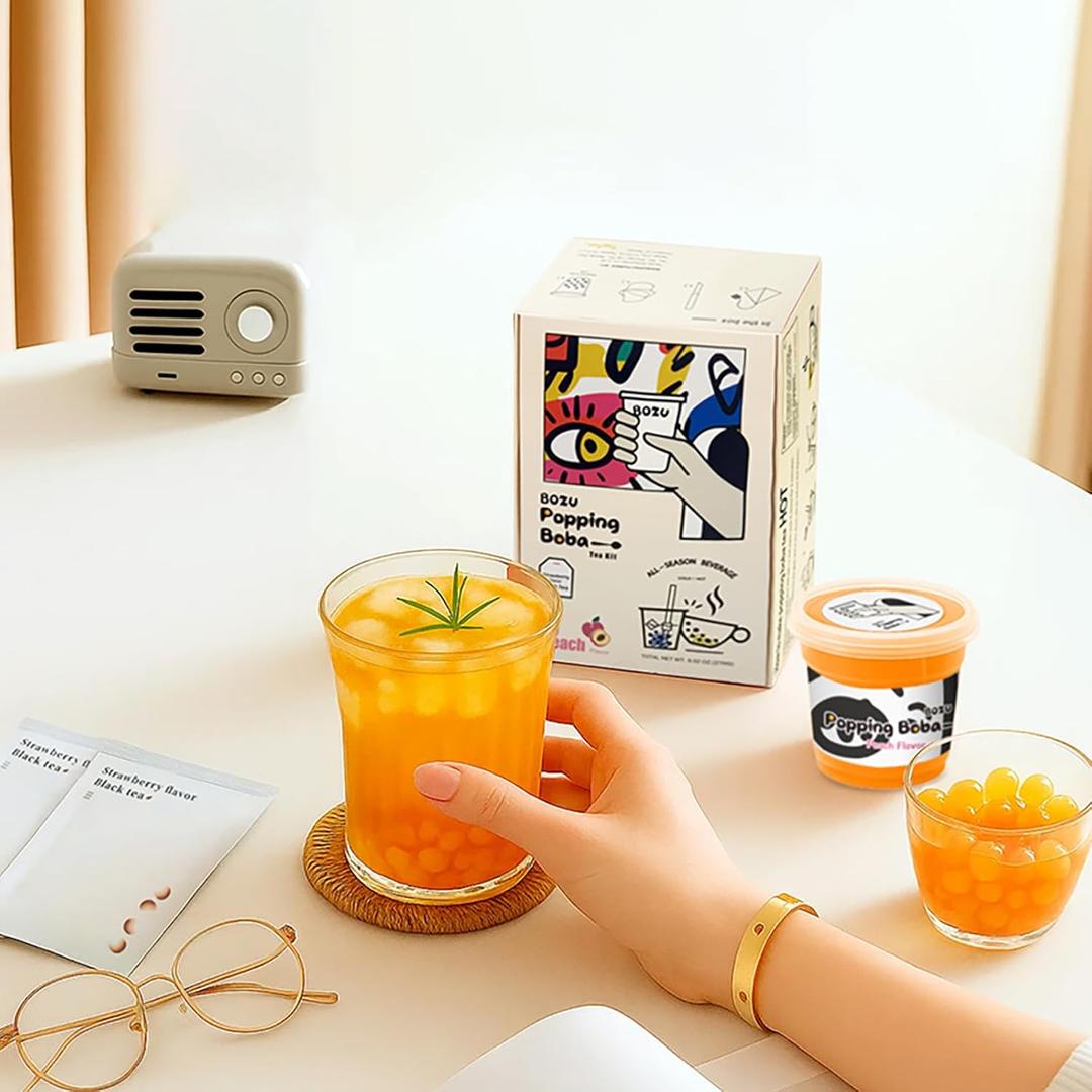 BOZU Popping Boba Tea Kit  Gift-Ready Hot or Iced Boba Tea Set, Peach Popping Boba & Strawberry Black Tea Bags, Secure Protective Packaging, 3 Servings