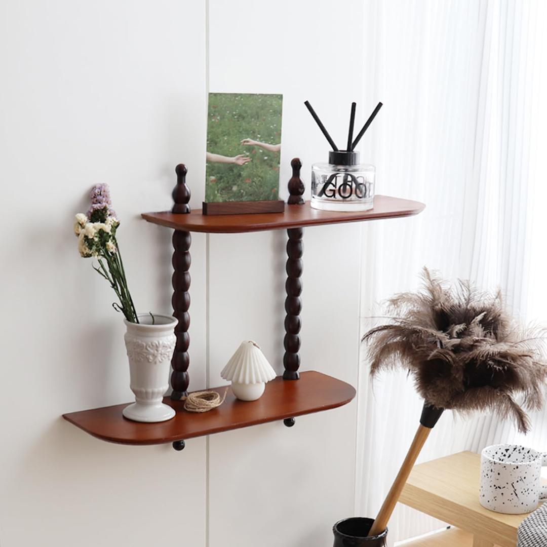 FRIADE 2-Tier Wall Mounted Floating Shelf with Two Roman column ,Decorative Display shelf for Entrance,Bathroom, Bedroom, Living Room, Kitchen,Office (Brown)