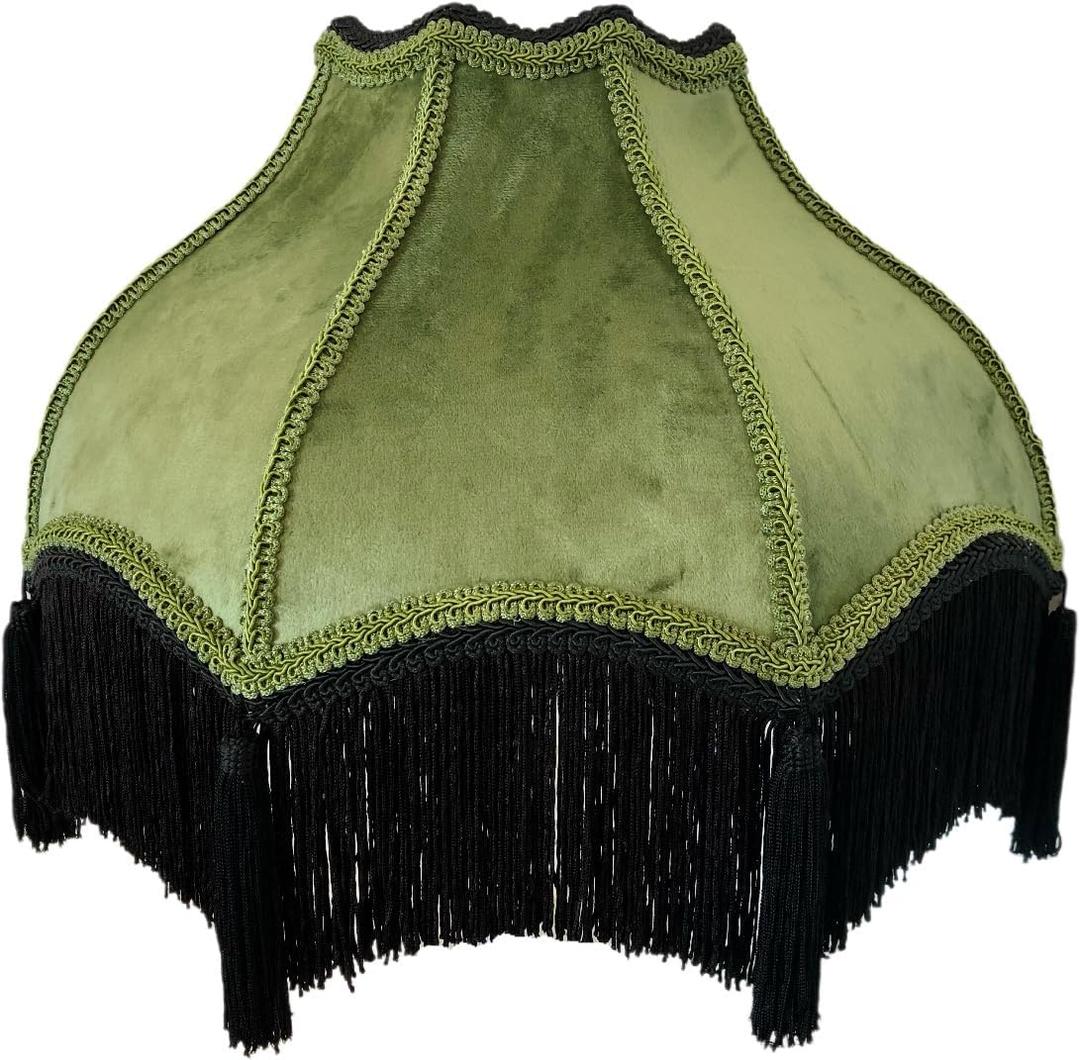 Tristan Home Premium Classic Victorian Style Bell Shape Scallop Large Velvet Lamp Shade with Tassels and Fringe (Olive Green), 16inch Width, 12inch Height (Including Fringe), Large