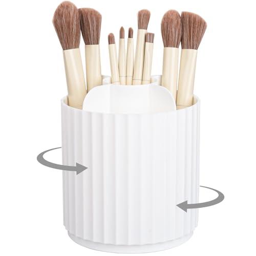 Anyoifax Makeup Brush Holder Organizer 360°Rotating Make Up Brushes Container for Vanity, Spinning Cosmetics Storage Cup, Stripe White