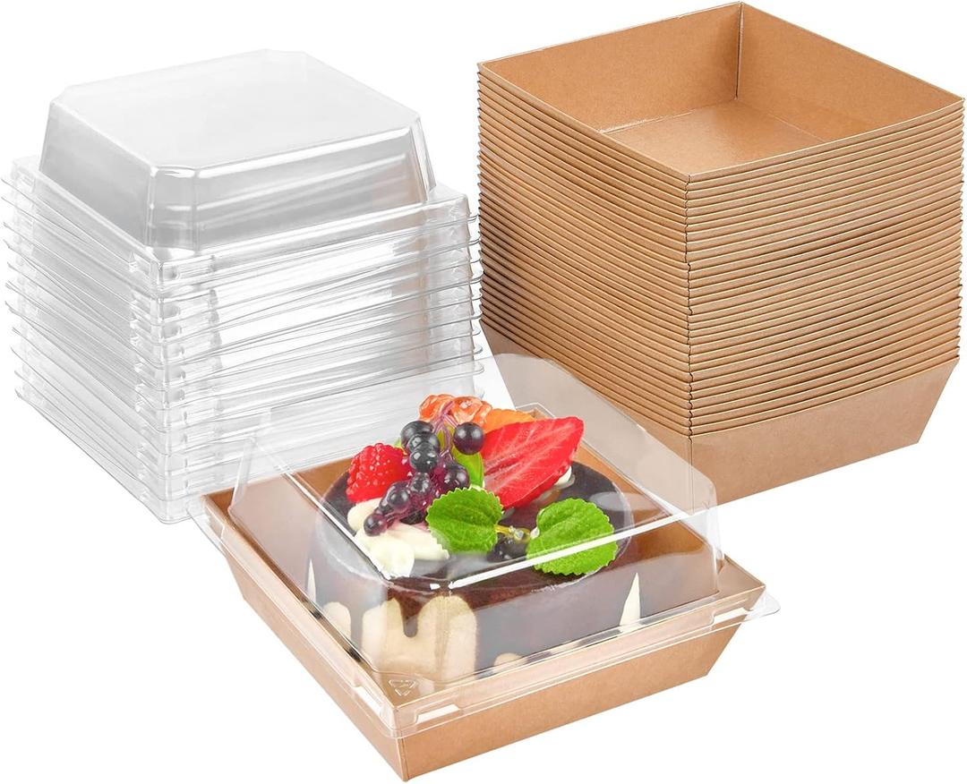Kucoele 50 Pack Small Charcuterie Boxes with Clear Lids, 4 Inches Paper Bakery Boxes Dessert Boxes Disposable To Go Food Containers for Cookie, Cake Slice, Mini Cake, Chocolate Strawberry (Brown)