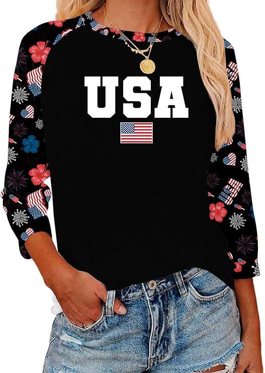 American Flag Shirts for Women Patriotic Tshirts 4th of July Shirt Girls USA Outfits Stars Stripes Tee Tops Usa Black XXL