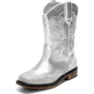 DREAM PAIRS Toddler Cowboy Boots Cowgirl Boots for Girls Square Toe Mid Calf Boys Western Fashion Riding Shoes for Toddler/ Little Kid/ Big Kid, Size 5 Big Kid, Silver