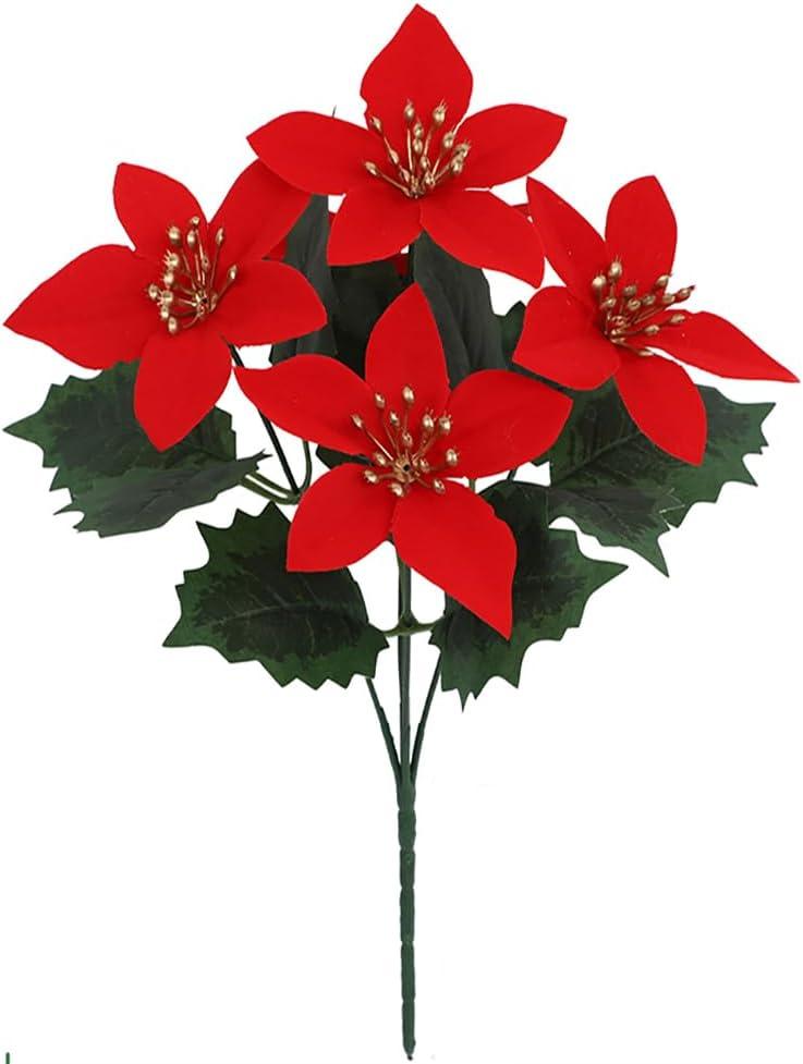 6 Pcs Poinsettia Artificial Christmas Flowers Red 5 Heads Faux Poinsettia Silk Artificial Poinsettias Bush for Xmas Tree Ornament Home Garden Porch Decoration