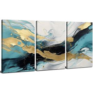 Abstract Teal Canvas Wall Art Bedroom Decor Set of 3 Abstract Gold Line Ink Prints Picture Bathroom Artwork 12x16", Abstract Turquoise Glitter Splash Modern Framed Painting for Living Room Decoration
