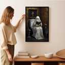 XWNLTEPK Halloween Canvas Wall Art Spooky Ghost Reading on Toilet Poster Vintage Bathroom Scene with Floral Painting Wooden Table Books Decor for Living Room Bedroom (8x12in Black Framed, A03)