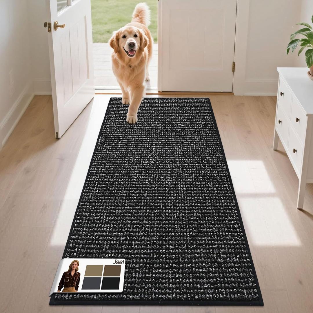 JSEI Dirt Trapper Door Mat 24"x60" Non-Slip Washable Entrance Mat, Dog Doormats, Absorbent & Fade-Resistant Floor Mats, Low Profile Welcome Mats for Entryway, Front Door, and Inside Entrance, Black