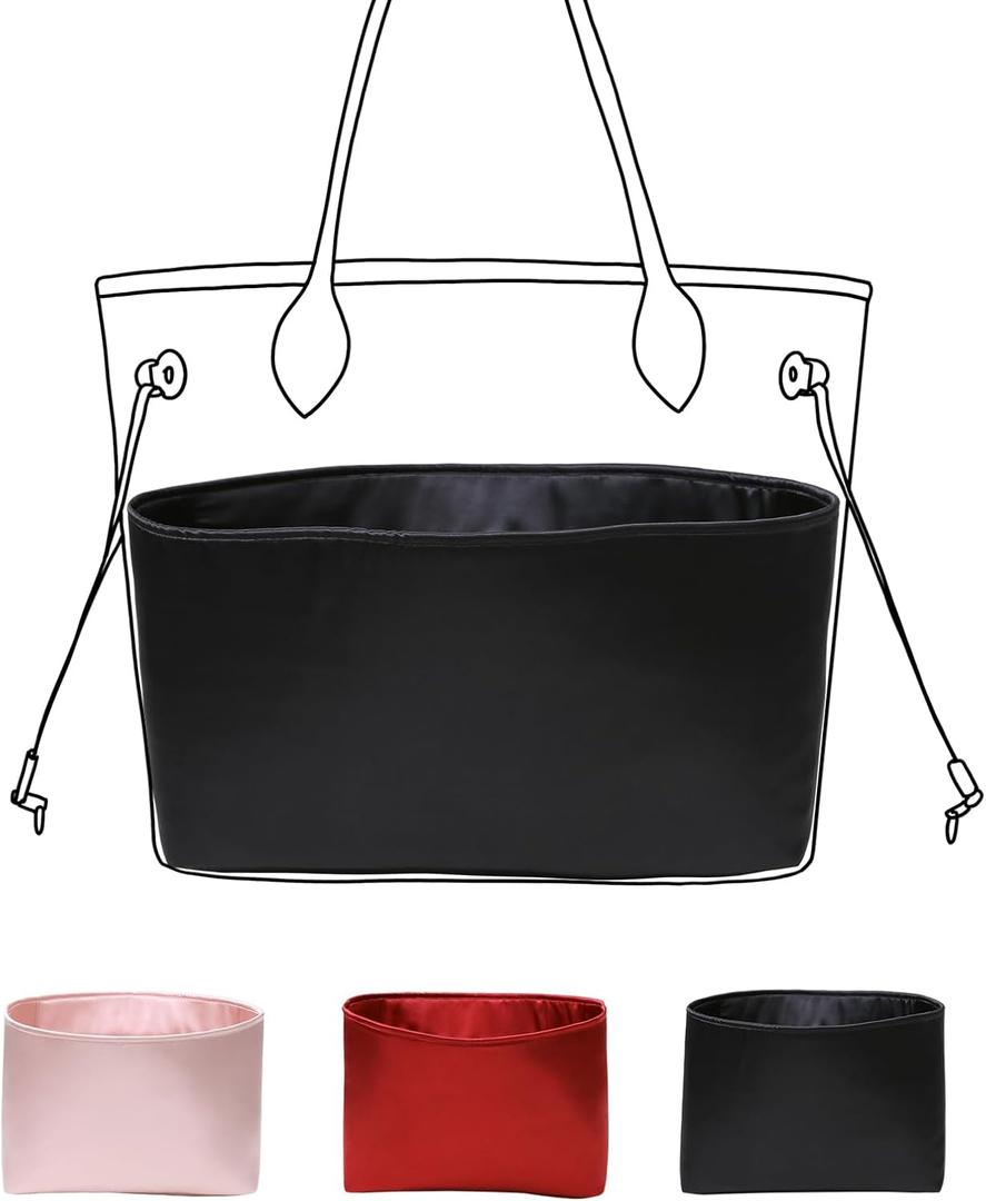 Luxury Silk Purse Organizer for NEVERFULL MM - Silky Smooth Handbag Insert with Hidden Zipper, Lightweight and Supportive Tote Shaper for Elegant Storage(Black)