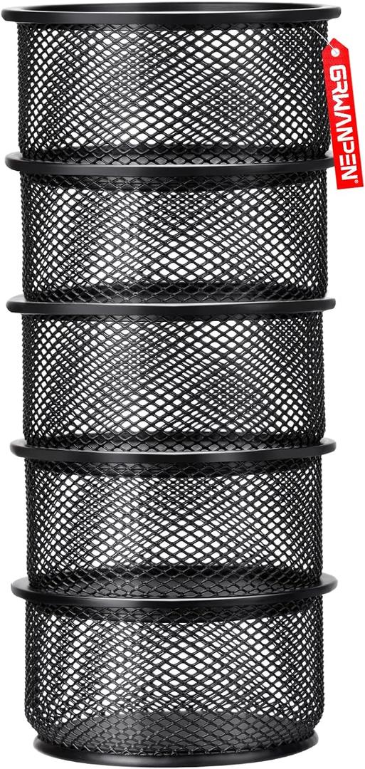 grwanpen5-Pack Stackable Mesh Desk Organizer Bins - Durable Storage Containers for Paper Clips, Rubber Bands, and Office Supplies, Black