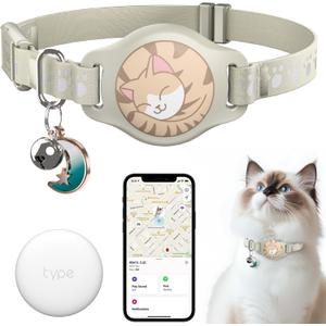 Cat Tracker Collar - Waterproof Airtag Cat Collar with Finder Tag (iOS ONLY), Compatible with Apple Find My, Breakaway Tractive Design with Reflective Pattern & Bell, Khaki(Not for Android Devices)
