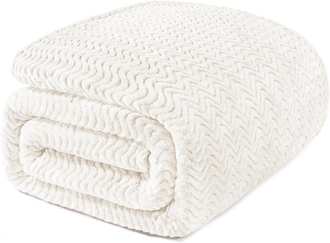 Exclusivo Mezcla Fleece Bed Blanket Queen Size, Lightweight Jacquard for Spring Summer, Soft Cozy Breathable Blankets, Ivory, 90x90 Inches