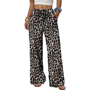 Sampeel Women's Leopard Print Wide Leg Pants Cute Summer Beach Pants Palazzo High Waist Trousers Vacation Date Outfits Business Casual Luxury Clothes Fashion Clothing S