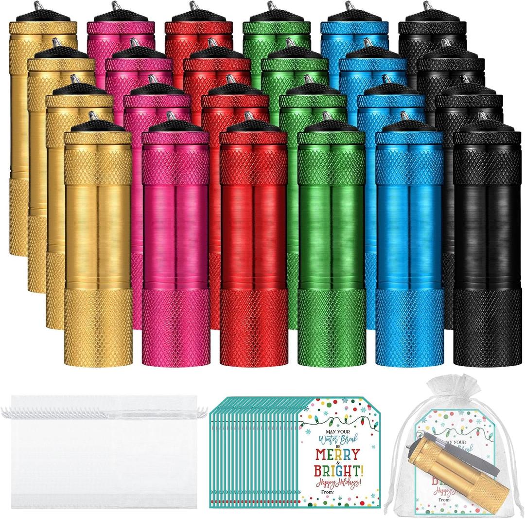 Hortsun 24 Set 9 LED Mini Flashlight Operation Christmas Bulk Items Plastic Handheld Flashlights with Lanyard Wish Cards and Organza Bags for Christmas Box Emergency Charity Gift(Battery Not Included)