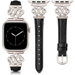 Wearlizer Slim Leather Band Compatible with Apple Watch Bands Women, Fancy Dressy Designer Thin Strap with Celtic Knot for iWatch Black/Starlight, 49/46/45/44/42mm(Series 3 2 1)