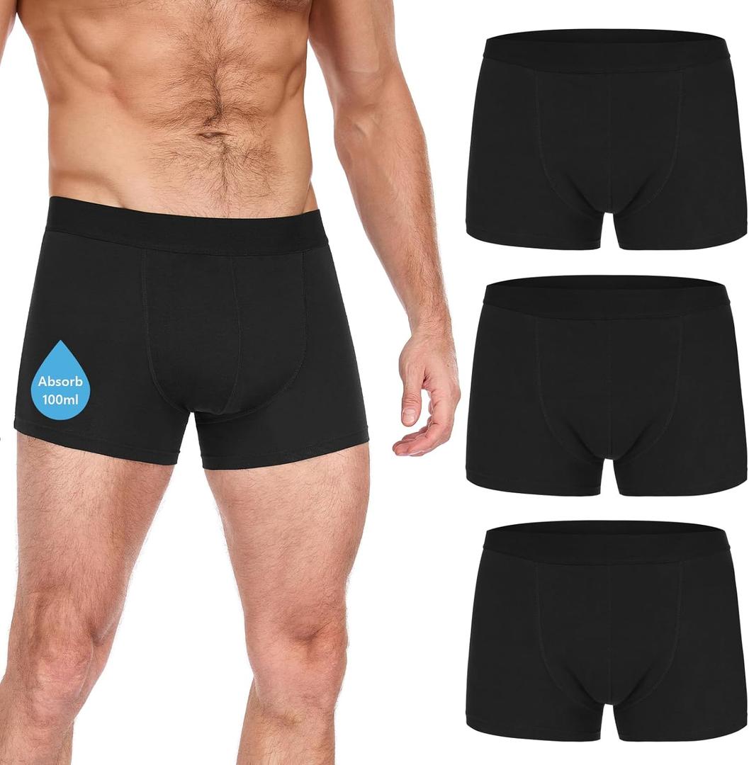 Incontinence Underwear for Men - 100ml Absorbency | Leakproof & Odor-Control | Reusable Washable Bladder Control Boxer Briefs | High-Waist for Night & Active Use [3-Pack] (Black, L)