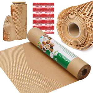 Honeycomb Packing Paper Wrap 12"x60' Recycled Bubble Cushioning Wrap Roll Eco Friendly Shipping Boxes Moving Wrap Packing Supplies Material with 10 Fragile Sticker Labels