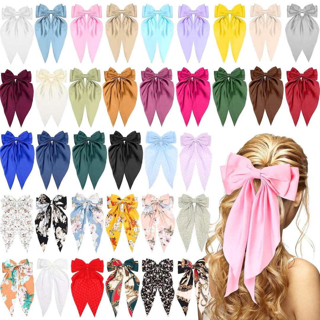 36 Pcs Big Hair Bows for Women Silky Satin Hair Bows Bulk Oversized Long Tail Black White Hair Bow Large Hair Ribbons Hair Clips Barrettes Large Metal Clips Bowknot Hair Accessories Gift