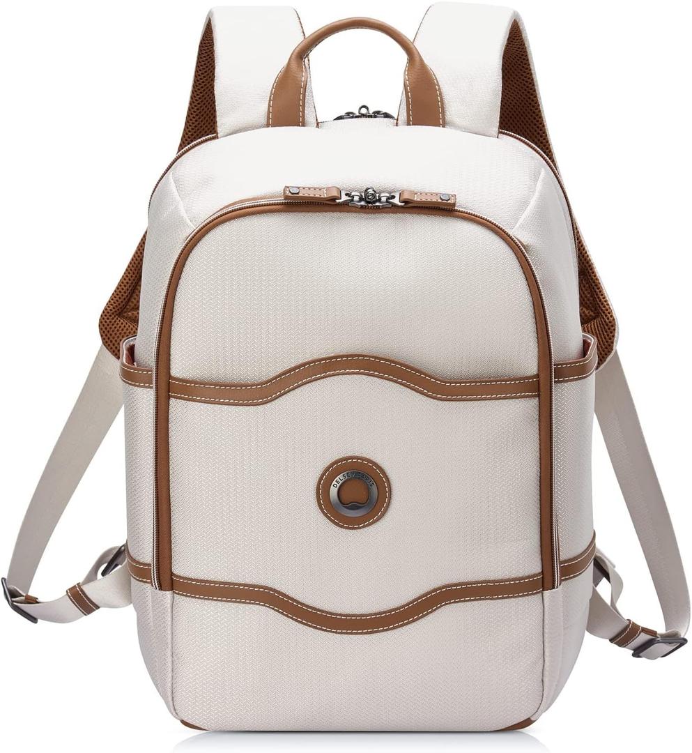 DELSEY PARIS Chatelet Air 2.0 - Travel Laptop Backpack - Fits 14" Laptop - Water-Repellent Recycled Fabric Backpack - Vegan Leather Trim - Smart Trolley Band, Angora (One Size)