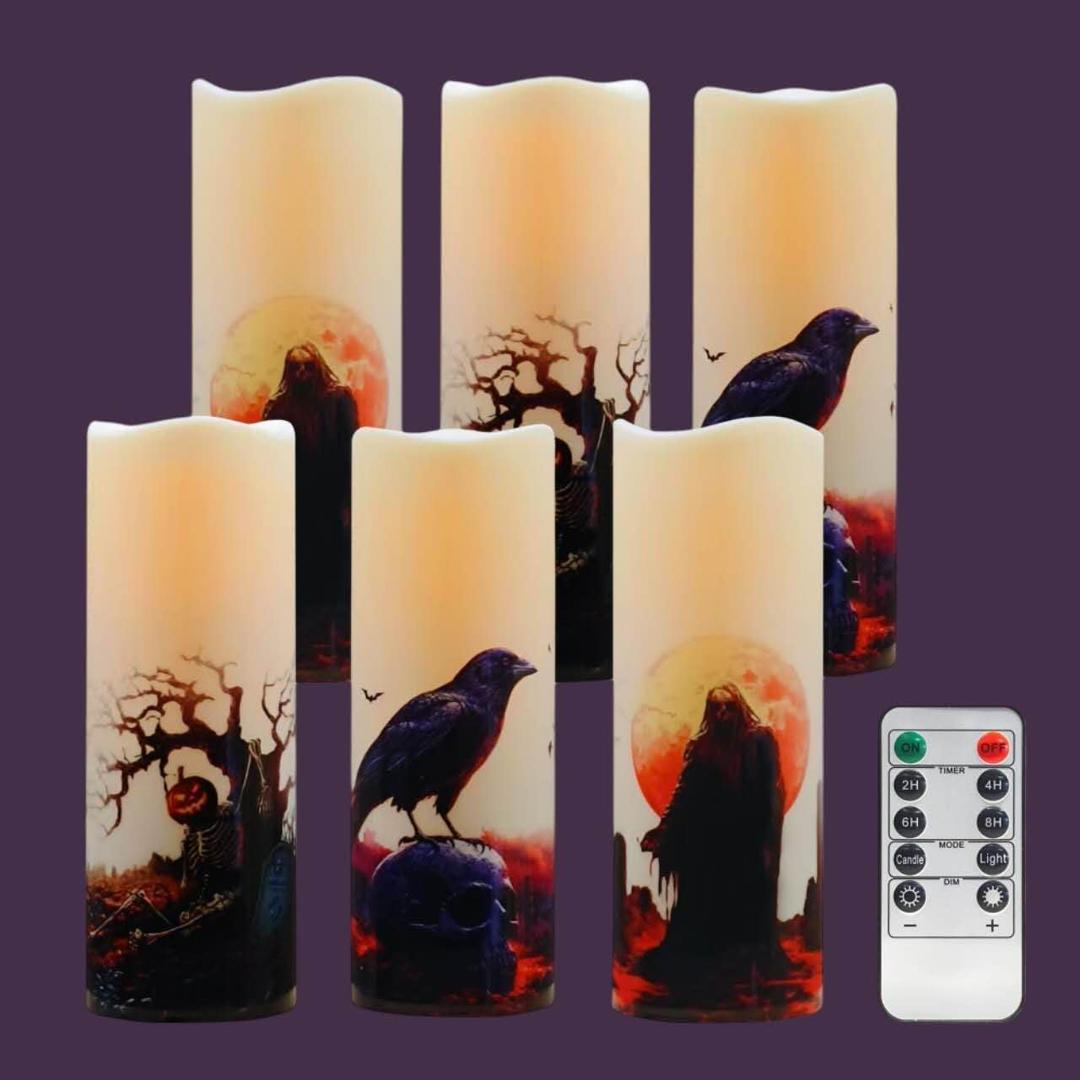 Halloween LED Flameless Candles, Gothic Design, Set of 6, 6x3 / 2.15 inch, Remote Control with Timer, Battery Operated (6, D 2.15 ")