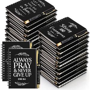 Kosiz 100 Pcs/50 Set Mothers Day Christian Gifts Bulk Include Spiral Notebook and Bible Verse Ballpoint Pen Prayer Scripture Notepad Journal Church Gifts for Women Pastor Sunday School Teacher(Black)