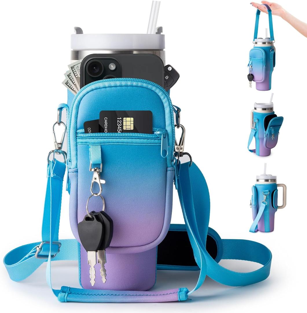 linmaya Water Bottle Carrier Bag with Phone Pocket for Stanley Cup 40/30oz,Insulated Neoprene Water Bottle Holder Cross-boday Bag with Adjustable Shoulder & Handheld Strap Stanley Cup Accessories (Blue Purple)