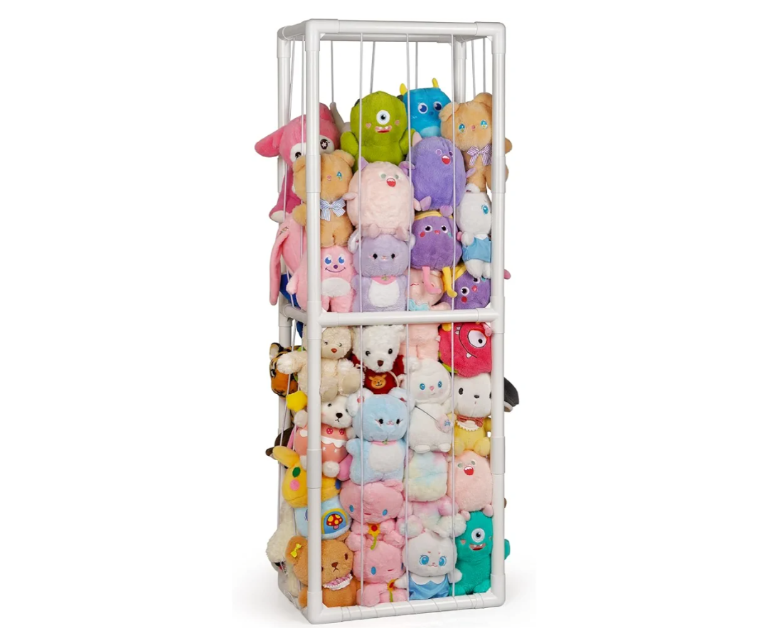 Trycooling Stuffed Animal Storage Zoo Holder Space Save Vertical PVC with Elastic Band and Net for Playroom Bedroom Nursery (White 1)