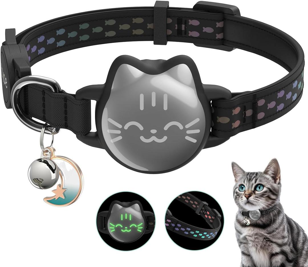 Waterproof Airtag Cat Collar, Breakaway Cat Airtag Collar with Luminous & Reflective Fish Pattern, Lightweight Kitten Collars for Apple Air tag, Hidden GPS Tracker Holder for Cats, Kittens(9-13") (Classic Black)