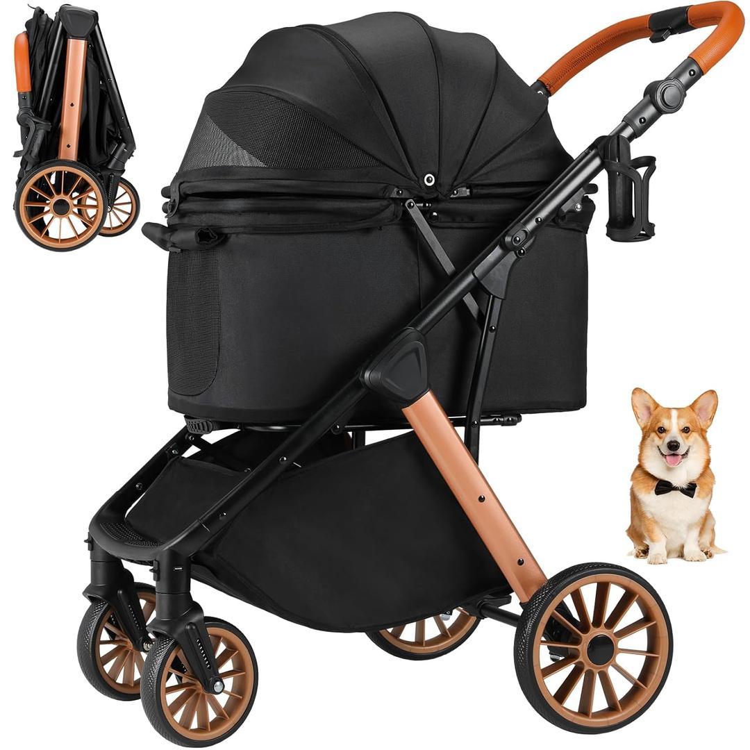 MAMIZO Foldable Dog Stroller for Medium Small Dogs Cats Up to 55 Lbs, Aluminum and Carbon Steel Frame Pet Stroller, Height-Adjustable Handle Puppy Strollers with Zipperless Design, Shock Absorbers (Black)