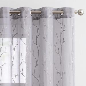 jinchan Grey Sheer Curtains for Bedroom 84 Inch Length Leaf Embroidered Semi Sheers for Living Room Botanical Embroidery Voile Transparent Grommet Window Treatments 2 Panels