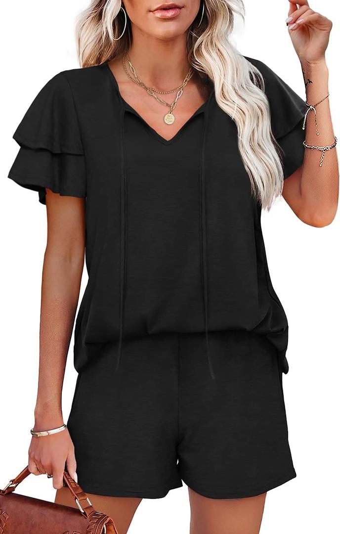 WIHOLL Summer Outfits for Women 2 Piece Short Sleeve V Neck Lounge Sets Casual (Medium, 1-black)