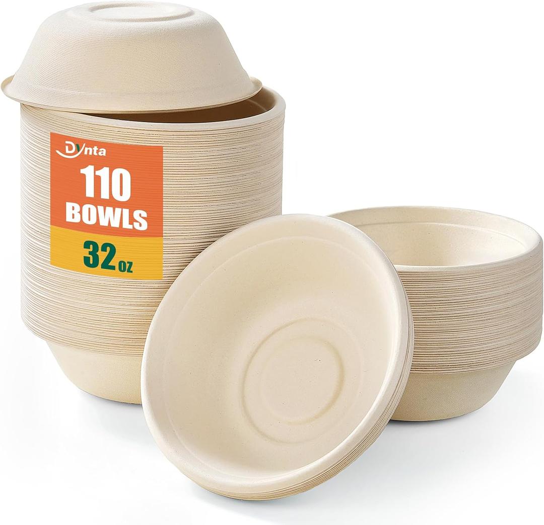 Dynta 110 Pack 32oz Paper Bowls, Large Compostable Disposable Bowls for Salads, Soups & Dog Feeding | Microwave & Freezer Safe(Natural Brown)