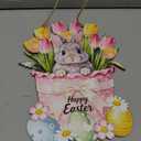 Easter Wooden Door Sign Hanging Decor, Bunny Welcome Spring Door Hanger, Farmhouse Rustic Wood Wall Sign for Front Door, Porch, Entryway, Home Seasonal Decoration (Bunny Flower)