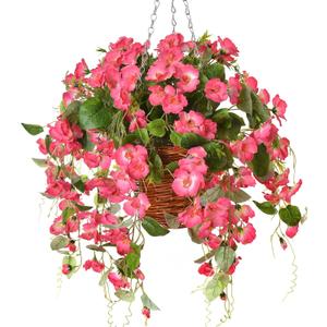 Artificial Fake Hanging Hibiscus Flowers Plants Baskets for Outdoor Outside Spring Summer Decoration, Faux Silk Hibiscus Long Vines in Planter UV Resistant Realistic Flowers (Pink)