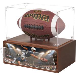Football Display Case Stand with Solid Wood Base, Uv Protected Acrylic Rugby Case Display Clear Autographed Football Holder, Standard Memorabilia Keepsake Required Football Display Box