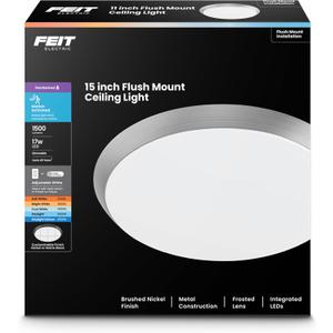 Feit Electric 15in. Round LED Flush Mount Ceiling Light with Motion Sensor, Adjustable White 2700K–6500K, 1500 Lumens, Dimmable, Brushed Nickel Trim with Matte Black Option, FM15RTLP/6WY/MM/BK